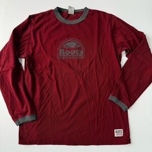 Roots Men's Beaver Flocked Logo Long Sleeve Tee Burgundy and Gray Medium